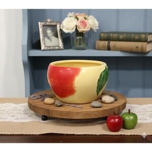 Vintage Ceramic Apple Planter Hand Painted Red Yellow Fruit Bowl Succulent Pot